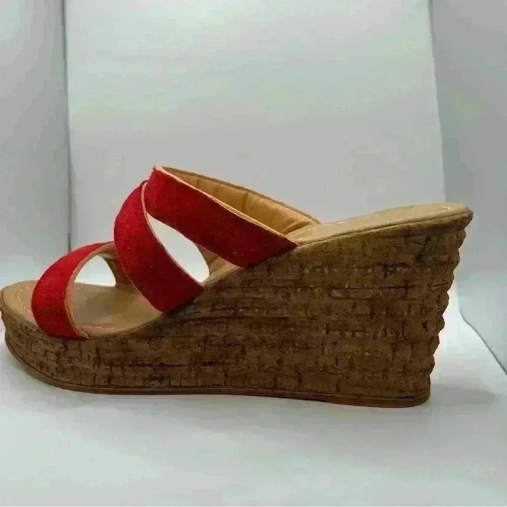 Mariella Beige Slide Wedge‎ Platform Red Straps Women Size 9 SKU #4590